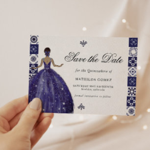 Blauwe Jurk Muur Tegels Quinceañera Save The Date Kaart