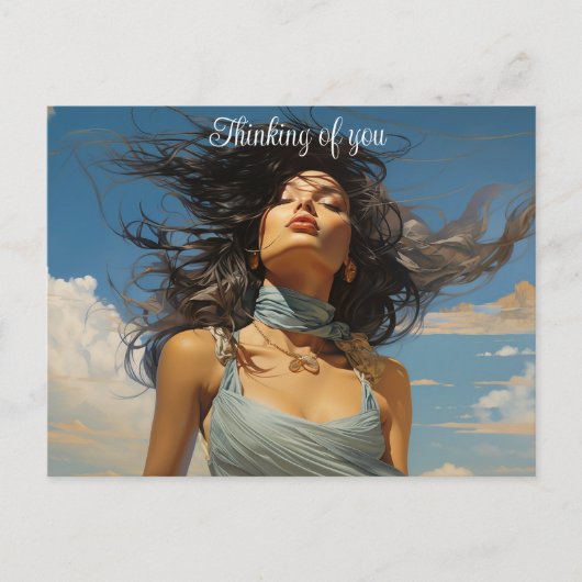 Blauwe jurk tegen een blauw hemelschilderij briefkaart (Voorkant)