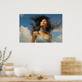 Blauwe jurk tegen een blauw hemelschilderij poster (Keuken)