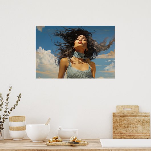 Blauwe jurk tegen een blauw hemelschilderij poster (Keuken)