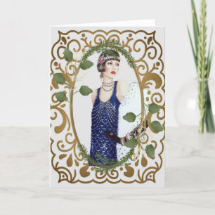 Blauwe jurk vintage jaren 20 Flapper Art Deco vrou Feestdagen Kaart