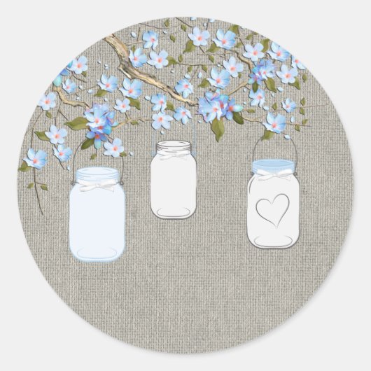 Blauwe jute metsonjar ronde sticker (Voorkant)