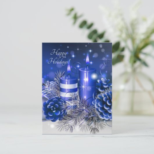 blauwe kaarsen pijnboompitten feestdagenkaart (Staand voorkant)