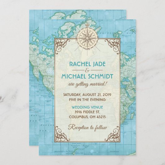 Blauwe kaart Reizen Huwelijksuitnodiging (Voorkant / Achterkant)