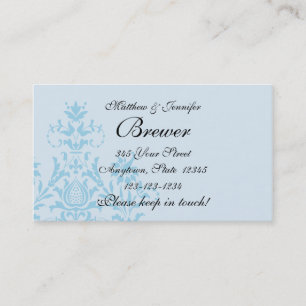 Blauwe kaart voor contactgegevens van Damask Bride Contactkaartje