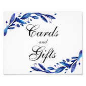 Blauwe kaarten en cadeaus trouwbord. Botanische ma Foto Afdruk (Voorkant)
