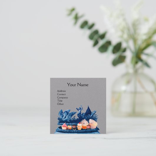 BLAUWE KAARTEN VAN ZWANEN, KNOPEN, Grijze PASTRY-p Vierkante Visitekaartje (Staand voorkant)