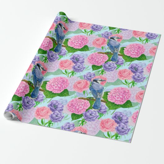 Blauwe kade en waterverf van bloemen cadeaupapier (Uitgerold)