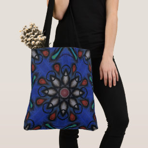 Blauwe Kaleidoscoop Mandala met Rode & Grijze Acce Tote Bag