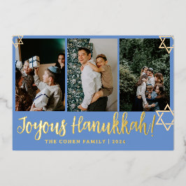 Blauwe kalligrafie Gelukkigste Chanoeka familie 4  Folie Feestdagenkaart