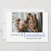 Blauwe kalligrafie Happiest Hanukkah familie 1 fot Feestdagenkaart (Voorkant)