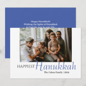 Blauwe kalligrafie Happiest Hanukkah familie 1 fot Feestdagenkaart (Voorkant / Achterkant)