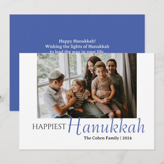Blauwe kalligrafie Happiest Hanukkah familie 1 fot Feestdagenkaart (Voorkant / Achterkant)