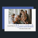 Blauwe kalligrafie Happiest Hanukkah familie 1 fot Feestdagenkaart<br><div class="desc">Blauwe kalligrafie Happiest Hanukkah familie 1 foto</div>