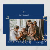 Blauwe kalligrafie Happy Chanoeka familie één foto Feestdagenkaart (Voorkant / Achterkant)