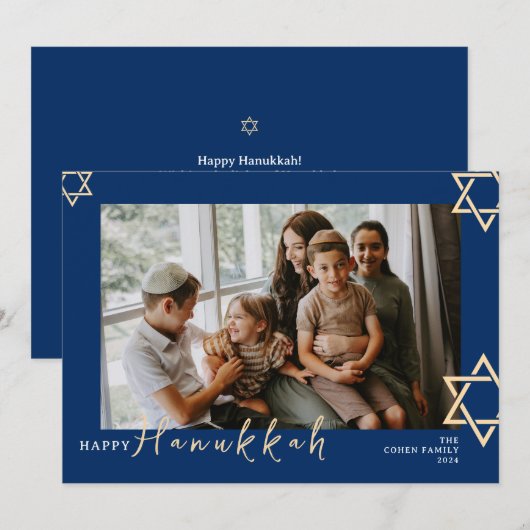 Blauwe kalligrafie Happy Chanoeka familie één foto Feestdagenkaart (Voorkant / Achterkant)