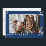 Blauwe kalligrafie Happy Chanoeka familie één foto Feestdagenkaart<br><div class="desc">Blauwe kalligrafie Happy Chanoeka familie één foto</div>