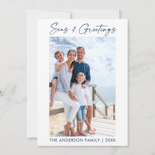 Blauwe kalligrafie Inkt Zeeen en groeten gestript Feestdagenkaart (Voorkant)