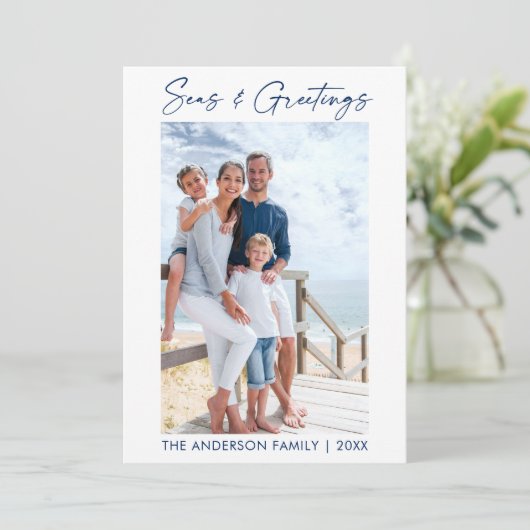 Blauwe kalligrafie Inkt Zeeen en groeten gestript Feestdagenkaart (Staand voorkant)