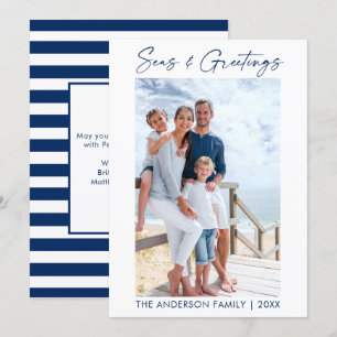 Blauwe kalligrafie Inkt Zeeen en groeten gestript Feestdagenkaart