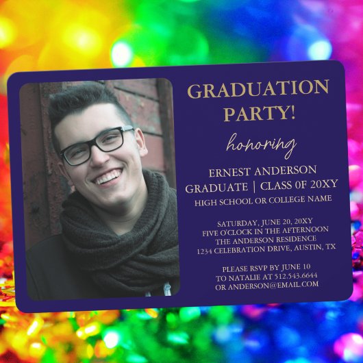 Blauwe kalligrafie Moderne foto afstudeerfeest Kaart