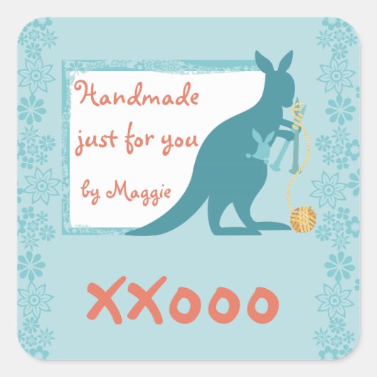 Blauwe kangoeroe breinaalden bal van garen vierkante sticker (Voorkant)