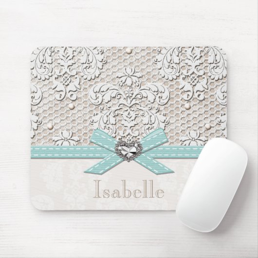 Blauwe kant en parels muismat (Met muis)