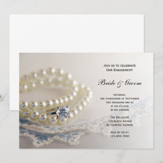 Blauwe  kant, parels, Ring Engagement Party Kaart (Voorkant / Achterkant)