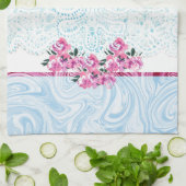 Blauwe kant Waterverf Roze Floral Kitchen Towel Theedoek (Gevouwen)