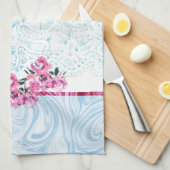 Blauwe kant Waterverf Roze Floral Kitchen Towel Theedoek (Quarter Fold)