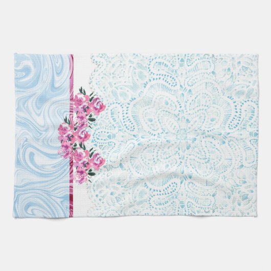 Blauwe kant Waterverf Roze Floral Kitchen Towel Theedoek (Horizontaal)