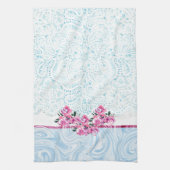 Blauwe kant Waterverf Roze Floral Kitchen Towel Theedoek (Verticaal)