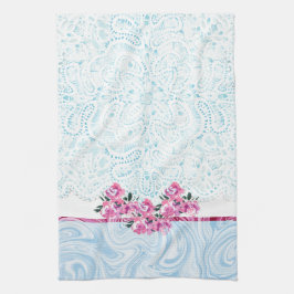 Blauwe kant Waterverf Roze Floral Kitchen Towel Theedoek