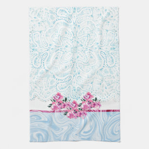 Blauwe kant Waterverf Roze Floral Kitchen Towel Theedoek