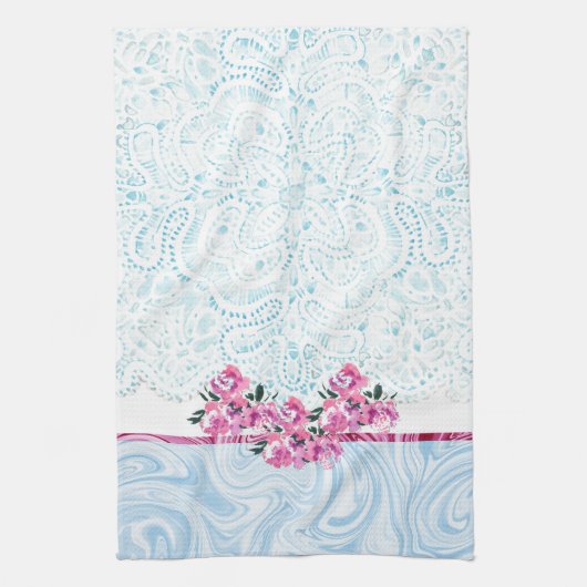 Blauwe kant Waterverf Roze Floral Kitchen Towel Theedoek (Verticaal)