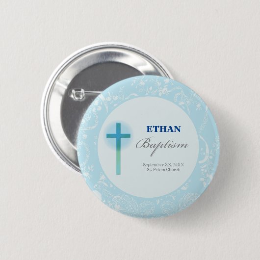 Blauwe Kantwerk Jongens Doop Ronde Button 5,7 Cm (Voorkant /achterkant)