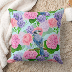 Blauwe kap en bloemen waterverf kussen