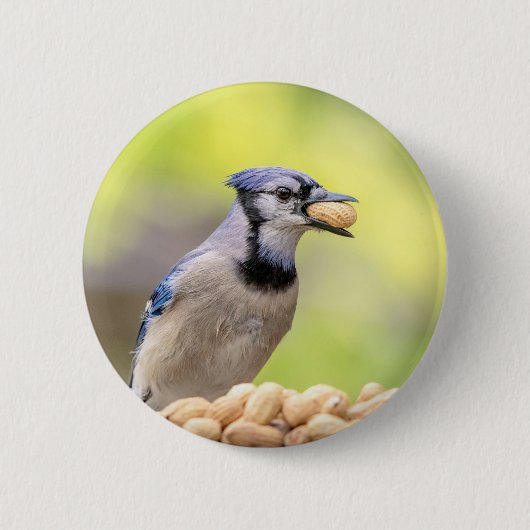 Blauwe kap met pinda's ronde button 5,7 cm (Voorkant)