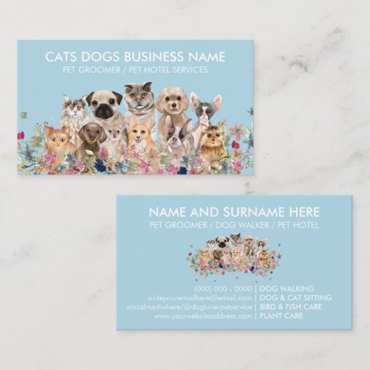Blauwe kartonnen katten Dogs Pet Sitter Visitekaartje (Voorkant / Achterkant)