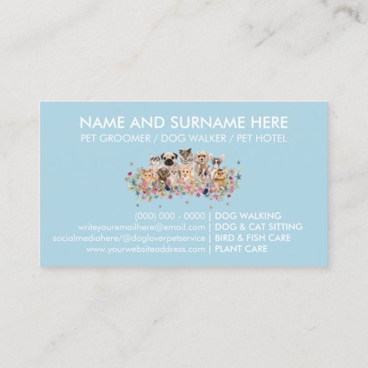 Blauwe kartonnen katten Dogs Pet Sitter Visitekaartje (Achterkant)