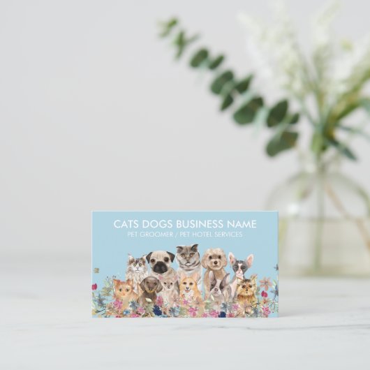 Blauwe kartonnen katten Dogs Pet Sitter Visitekaartje (Staand voorkant)