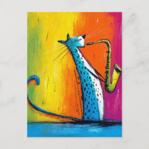 Blauwe kat die een saxofoon speelt briefkaart