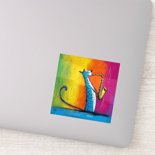 Blauwe kat die een saxofoon speelt sticker (Detail)