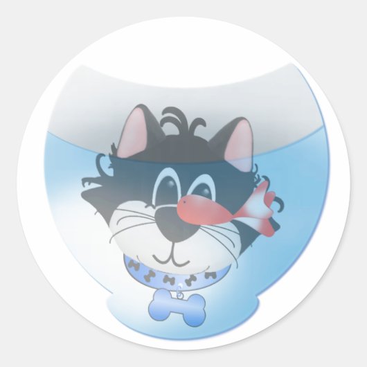 Blauwe Kat en Fishbowl Ronde Sticker (Voorkant)