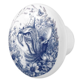 Blauwe kat en lavendel grens keramische knop