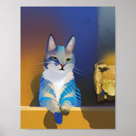 Blauwe kat gouden zonnescherm poster