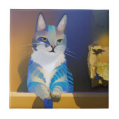 Blauwe kat gouden zonnescherm tegeltje (Voorkant)