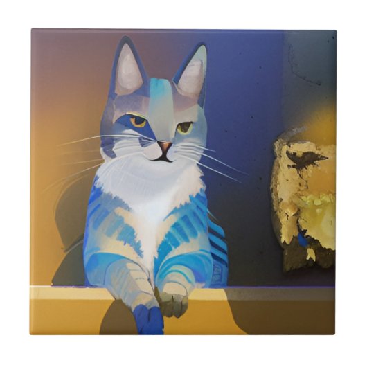 Blauwe kat gouden zonnescherm tegeltje (Voorkant)