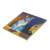 Blauwe kat gouden zonnescherm tegeltje (Zijkant)