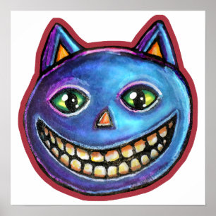Blauwe kat grijnst Vintage Halloweenies Poster